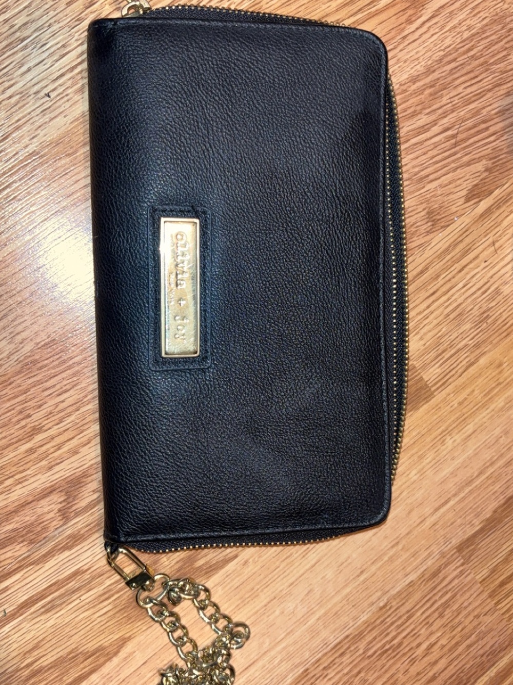 Olivia + Joy Black Leather Zip Wallet Clutch with Gold Chain